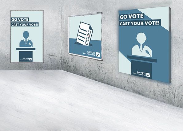 Wahlwerbung an einer Betonwand dargestellt mit Werberahmen