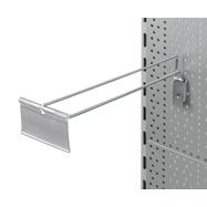 Jednoduchý hák do děrované stěny s výkyvnou kapsou na cenovky a fixačním zařízením