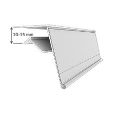 5 Porte-étiquettes fond blanc avec rail et 4 clips pince tablette verre -  ht 39 x lg 1000 mm