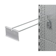 Jednoduchý hák do děrované stěny s výkyvnou kapsou na cenovky a fixačním zařízením