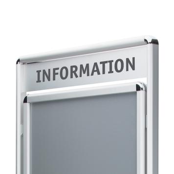 Plakatständer „Info“ mit Topschild, 32 mm Profil, silber eloxiert, Rondoecken, 2-seitig